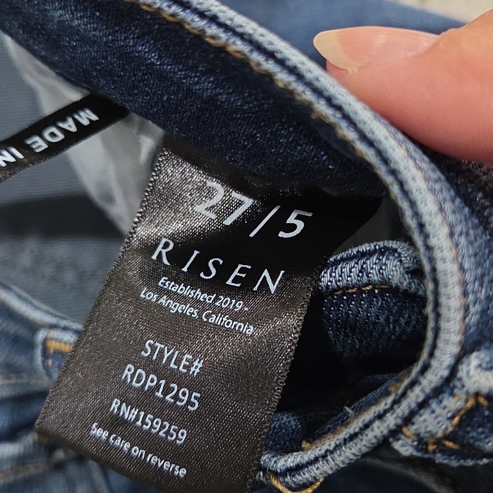 Risen High Rise Flare Distressed Raw Hem Jeans, Size 27/5 - Picture 7 of 8